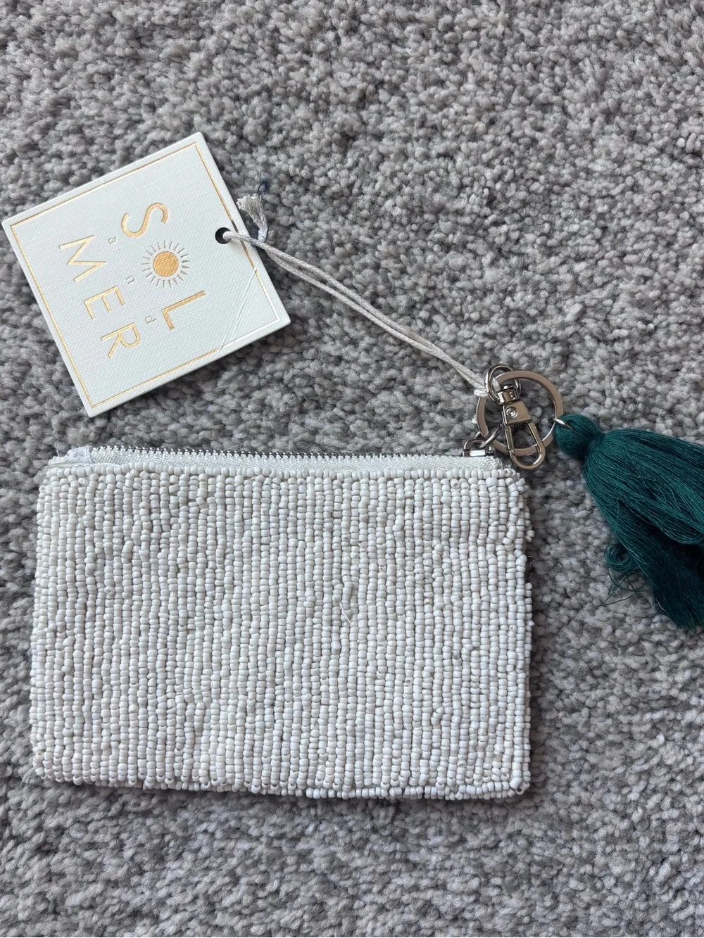 Sol & Mer White Beaded Pickleball Wallet with Green Tassel and Purple